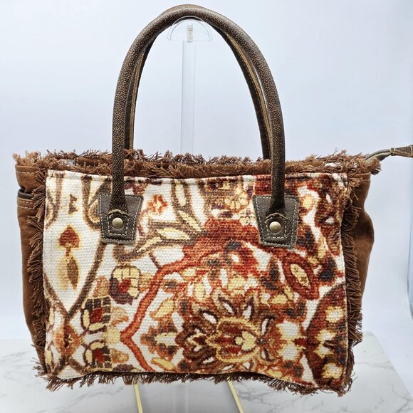 Myra Bag Tote Handbag Womens Brown Canvas Leather Trim Tapestry Boho Zip Top - Picture 1 of 15